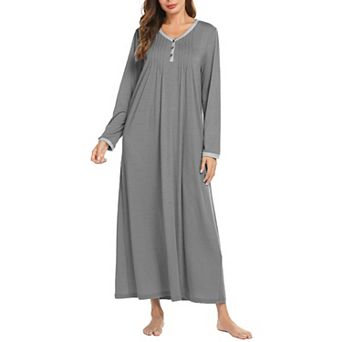 Ekouaer Women's Long Sleeve Nightgown Full Length Sleepwear Long Sleepshirts Henley Sleep Dress