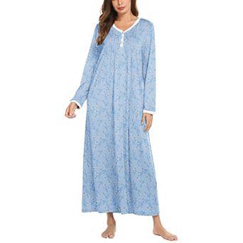 Ekouaer Women's Long Sleeve Nightgown Full Length Sleepwear Long Sleepshirts Henley Sleep Dress