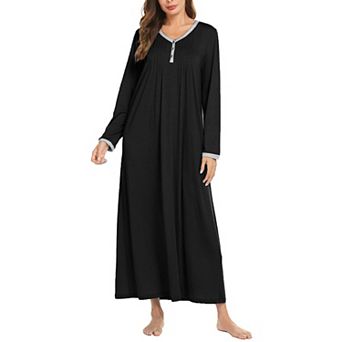 Ekouaer Women's Long Sleeve Nightgown Full Length Sleepwear Long Sleepshirts Henley Sleep Dress