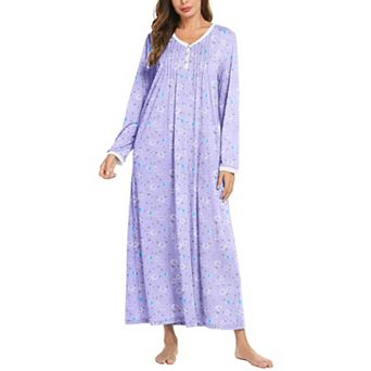 Ekouaer Women's Long Sleeve Nightgown Full Length Sleepwear Long Sleepshirts Henley Sleep Dress