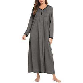 Ekouaer Women's Long Sleeve Nightgown Full Length Sleepwear Long Sleepshirts Henley Sleep Dress