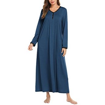 Ekouaer Women's Long Sleeve Nightgown Full Length Sleepwear Long Sleepshirts Henley Sleep Dress
