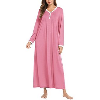 Ekouaer Women's Long Sleeve Nightgown Full Length Sleepwear Long Sleepshirts Henley Sleep Dress