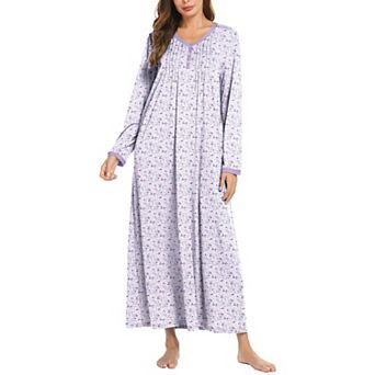 Ekouaer Women's Long Sleeve Nightgown Full Length Sleepwear Long Sleepshirts Henley Sleep Dress