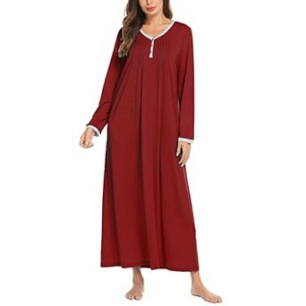 Ekouaer Women's Long Sleeve Nightgown Full Length Sleepwear Long Sleepshirts Henley Sleep Dress