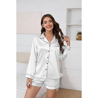 Ekouaer Pajama Set for Women Button Down Pj Set Long Sleeve Top and Shorts 2 pc Loungewear