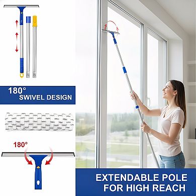 Extendable Window Cleaning Tool, 12" Squeegee & Scrubber with Swivel Head