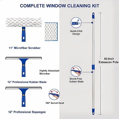 Extendable Window Cleaning Tool, 12" Squeegee & Scrubber with Swivel Head