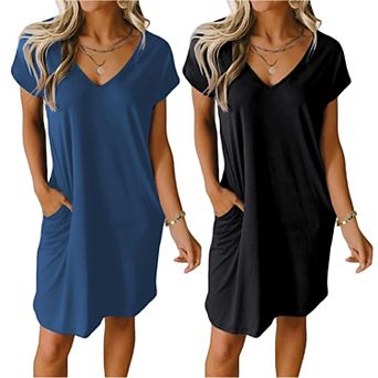 Ekouaer Women's 2-pack Short Sleeve V-Neck Nightgowns Solid & Print Sleepshirts