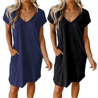 Ekouaer Womens 2 Pack Nightgown V Neck Sleepshirt Short Sleeve Nightshirt Plain Floral Pajama Dress