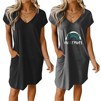 Ekouaer Women's 2-pack Short Sleeve V-Neck Nightgowns Solid & Print Sleepshirts