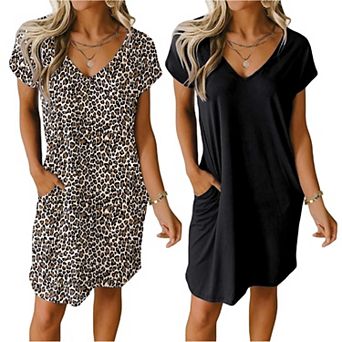 Ekouaer Womens 2 Pack Nightgown V Neck Sleepshirt Short Sleeve Nightshirt Plain Floral Pajama Dress