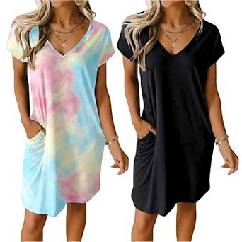 Ekouaer Women's 2-pack Short Sleeve V-Neck Nightgowns Solid & Print Sleepshirts