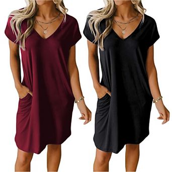 Ekouaer Womens 2 Pack Nightgown V Neck Sleepshirt Short Sleeve Nightshirt Plain Floral Pajama Dress