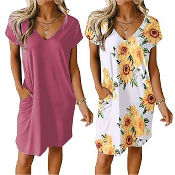 Ekouaer Women's 2-pack Short Sleeve V-Neck Nightgowns Solid & Print Sleepshirts