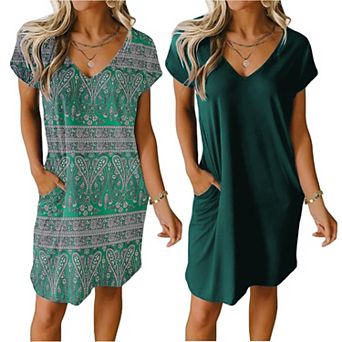 Ekouaer Women's 2-pack Short Sleeve V-Neck Nightgowns Solid & Print Sleepshirts