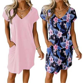 Ekouaer Women's 2-pack Short Sleeve V-Neck Nightgowns Solid & Print Sleepshirts