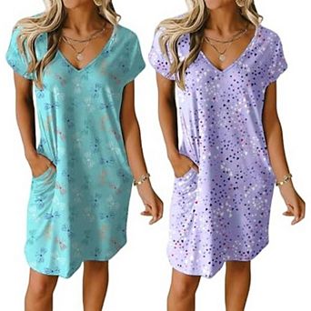 Ekouaer Women's 2-pack Short Sleeve V-Neck Nightgowns Solid & Print Sleepshirts