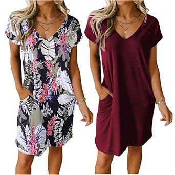 Ekouaer Women's 2-pack Short Sleeve V-Neck Nightgowns Solid & Print Sleepshirts