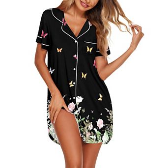 Ekouaer Nightgowns for Women Button Down Nightshirt Short Sleeve V Neck Nightdress Classic
