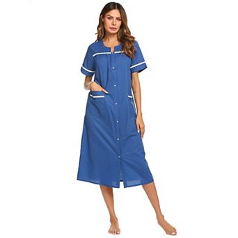 Ekouaer Womens Snap Front Dusters Cotton Housecoat Short Sleeve Nightgown House Dress With Pockets