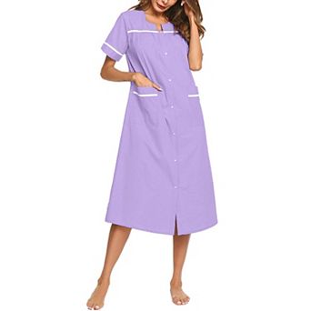 Ekouaer Womens Snap Front Dusters Cotton Housecoat Short Sleeve Nightgown House Dress With Pockets