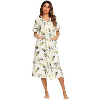 Women's Short Sleeve Woven Snap-front Closure Housecoat Duster Lounge Nightgown Robe