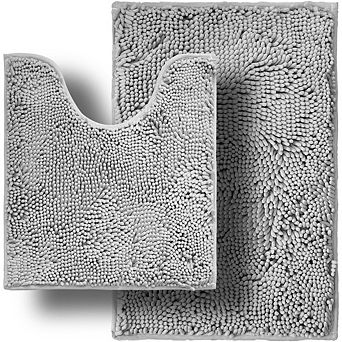 Light Grey Chenille Bath Mat Set 2 pc Super Absorbent Non-Slip Machine Washable