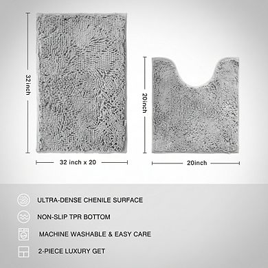 Light Grey Chenille Bath Mat Set 2pc, Super Absorbent Non-Slip Machine Washable
