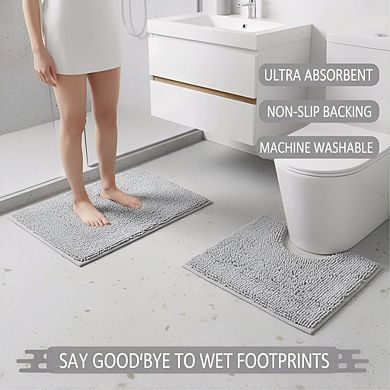 Light Grey Chenille Bath Mat Set 2pc, Super Absorbent Non-Slip Machine Washable
