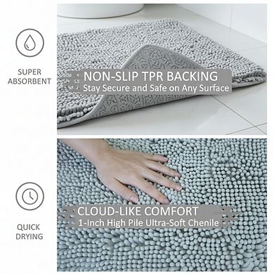 Light Grey Chenille Bath Mat Set 2pc, Super Absorbent Non-Slip Machine Washable