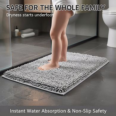 Light Grey Chenille Bath Mat Set 2pc, Super Absorbent Non-Slip Machine Washable