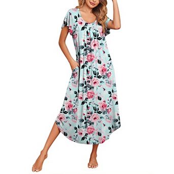 Ekouaer Long Nightgowns for Women with Pockets Short Sleeves Casual House Dresses