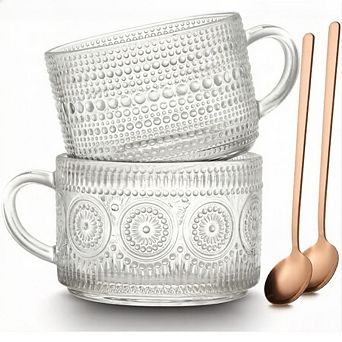 Great Ambitions Vintage Embossed Glass Mugs Set of 2, 14 oz, for Hot/Cold Drinks, Cereal, Yogurt