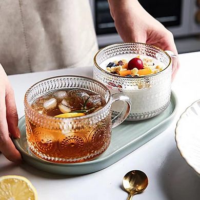 Great Ambitions Vintage Embossed Glass Mugs Set of 2, 14 oz, for Hot/Cold Drinks, Cereal, Yogurt