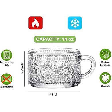 Great Ambitions Vintage Embossed Glass Mugs Set of 2, 14 oz, for Hot/Cold Drinks, Cereal, Yogurt