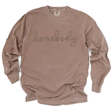 Embroidered Homebody Cursive - Women's Garment Dyed Long Sleeve Graphic T-Shirt