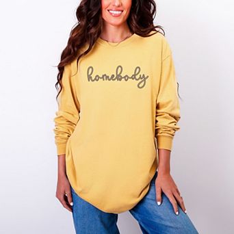 Embroidered Homebody Cursive - Women's Garment Dyed Long Sleeve Graphic T-Shirt
