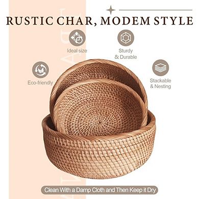 Great Ambitions Hand Woven Rattan Round Bread Basket, 9.2", for Fruit, Serving, Gift