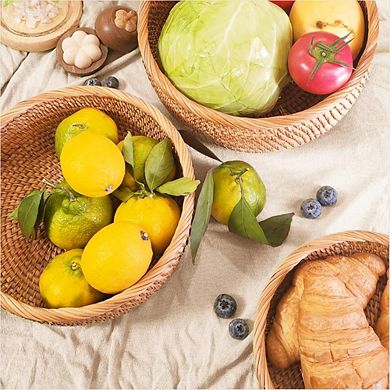 Great Ambitions Hand Woven Rattan Round Bread Basket, 9.2", for Fruit, Serving, Gift