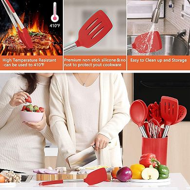 Silicone Cooking Utensil Set,Kitchen Utensils 17 Pcs Set,Non-stick Heat Resistant Silicone - Red