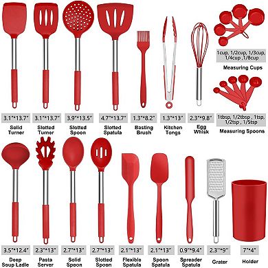 Silicone Cooking Utensil Set,Kitchen Utensils 17 Pcs Set,Non-stick Heat Resistant Silicone - Red