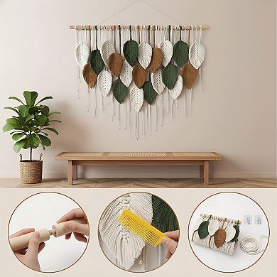 Large Macrame Wall Hanging Boho Woven Tapestry Leaf Feather