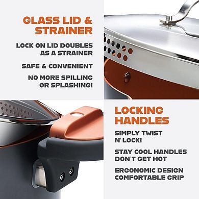 Great Ambitions 5 Qt Stock Pot with Strainer Lid, Ceramic Nonstick, Twist & Lock Handles