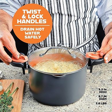Great Ambitions 5 Qt Stock Pot with Strainer Lid, Ceramic Nonstick, Twist & Lock Handles