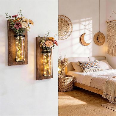 Wood Glass Wall Sconces Set of 2 Farmhouse Planters