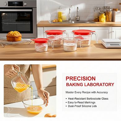 Glass Measuring Cups Set 4 Piece with Lids for Kitchen