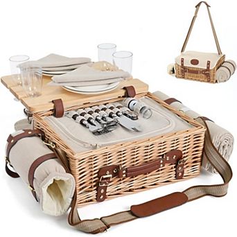 Insulated Wicker Picnic Set for 4 with Blanket & Table, Natural Outdoor Camping Basket