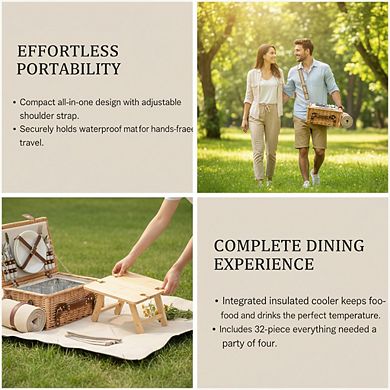 Insulated Wicker Picnic Set for 4 with Blanket & Table, Natural Outdoor Camping Basket