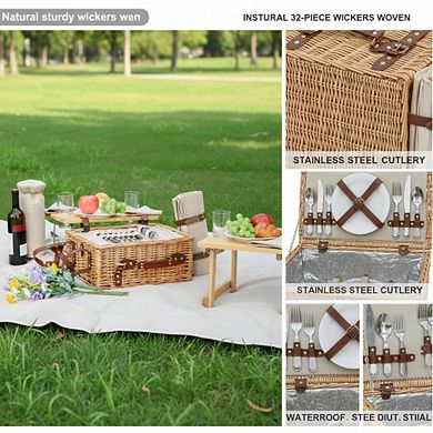 Insulated Wicker Picnic Set for 4 with Blanket & Table, Natural Outdoor Camping Basket